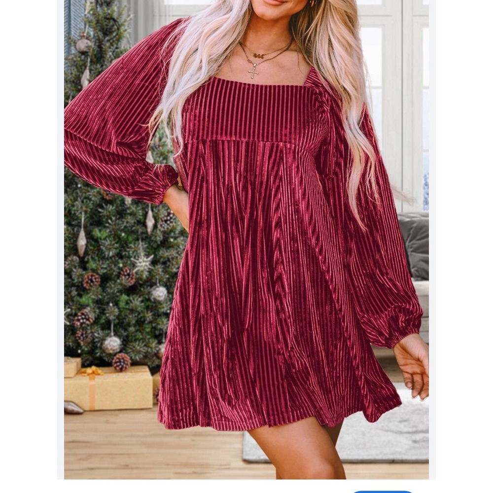 Red Pleated‎ Velvet Mini Dress Square Neck Lantern Sleeve Holiday Boho Party L
